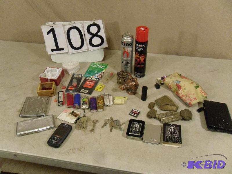 lot 108 image: Lot of Assorted Lighters, Keys, Cigarette Cas...