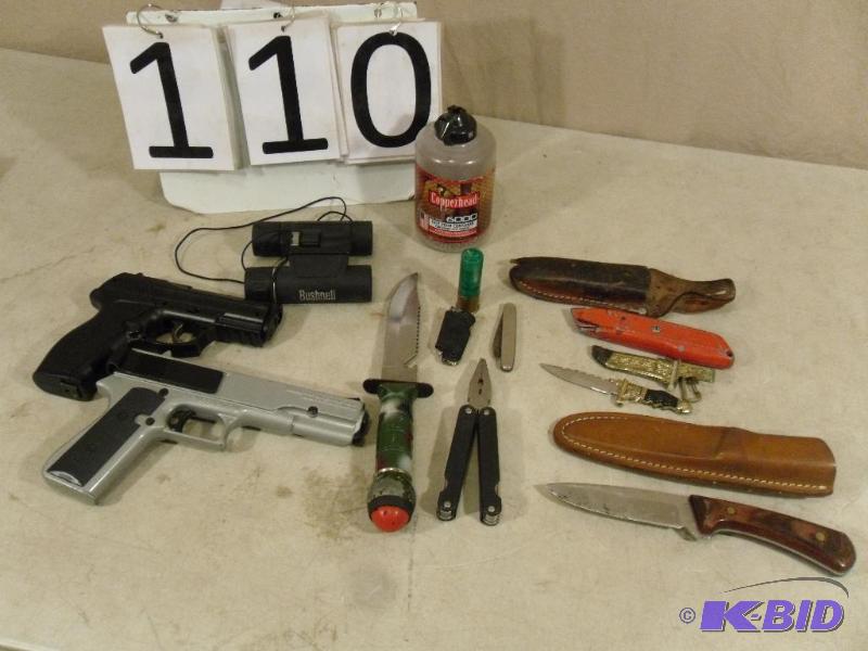 lot 110 image: Knives, Muti-Tool, Bushnell&nbspBinoculars, ...