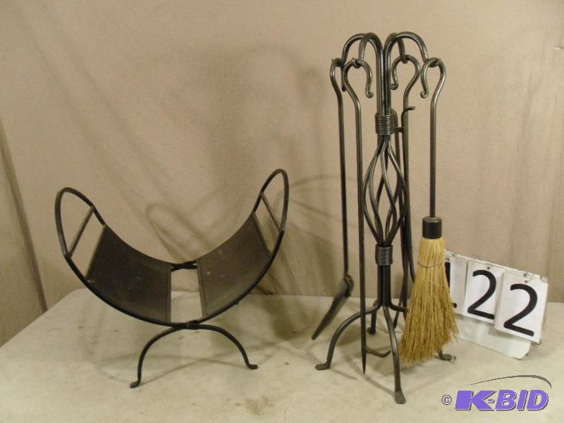 lot 122 image: Fireplace set. Wood holder and 4 piece tool s...