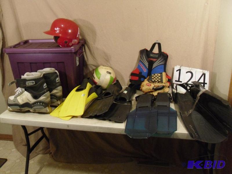 lot 124 image: Lot of Assorted Flippers, Baseball Helmet, Ba...
