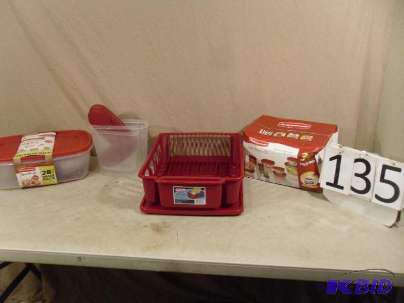 lot 135 image: New Red Lid Storage Containers, and Red Dish ...