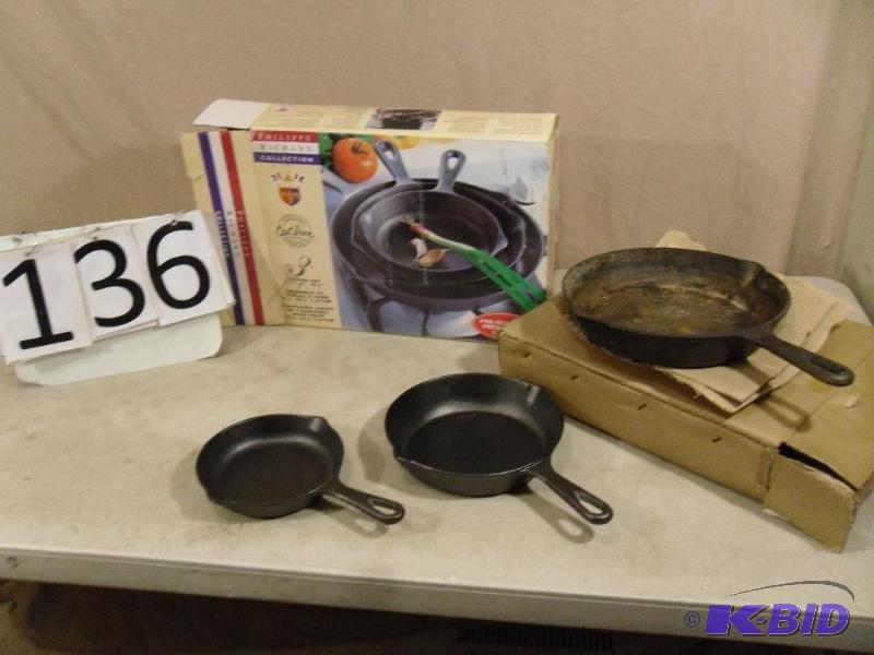 lot 136 image: 3 Piece Cast Iron Pan Set. 2 New and 1 is use...