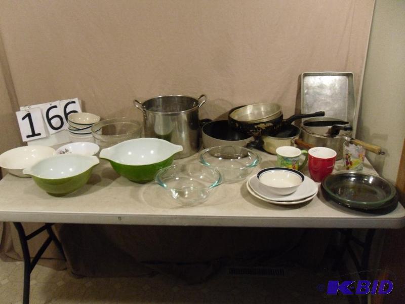 lot 166 image: Assorted pots, pans, glassware including seve...