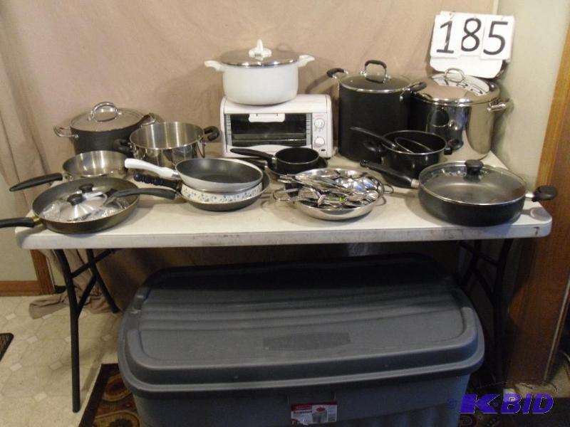 lot 185 image: Pots, Pans, Toaster Oven, Stock Pot, and More...