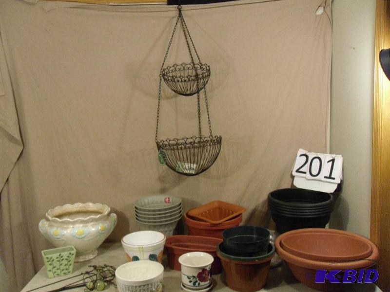 lot 201 image: Lot of Assorted Planters, New Hanging Metal B...