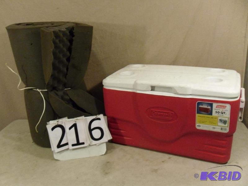 lot 216 image: Coleman 50 QT cooler and egg crate foam pad (...