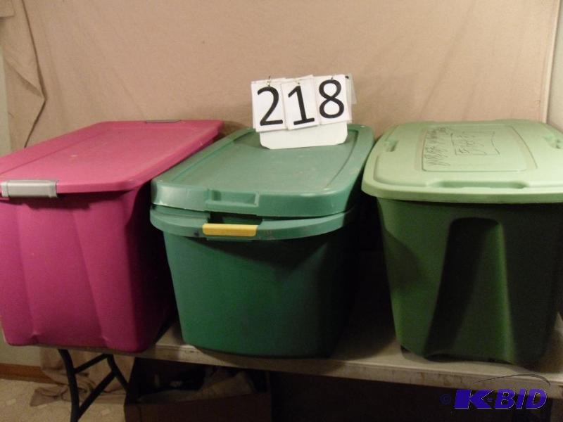 lot 218 image: Lot of 3 Totes with Lids. 30-35 gallon each....