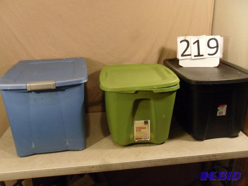 lot 219 image: 3 Assorted Totes with Lids. ...