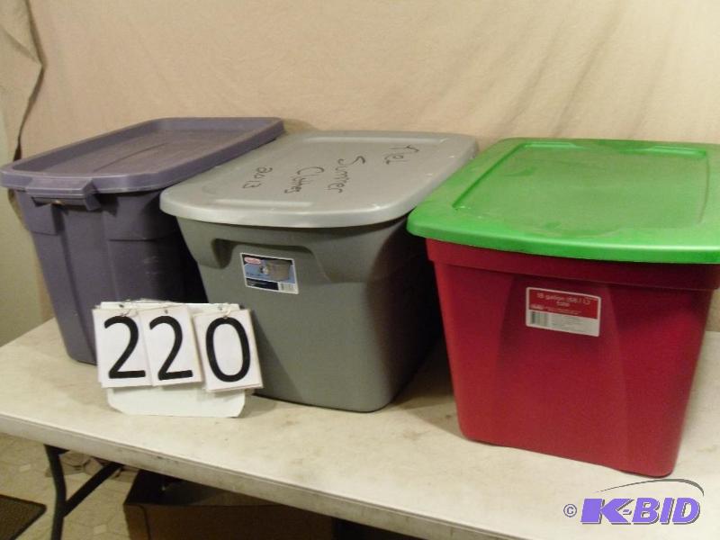 lot 220 image: 3 Assorted Totes with Lids. One has small cra...