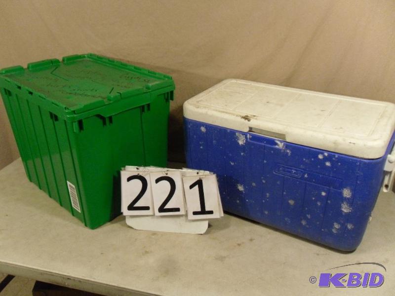 lot 221 image: Tote with Hinged Lid and Coleman Cooler....