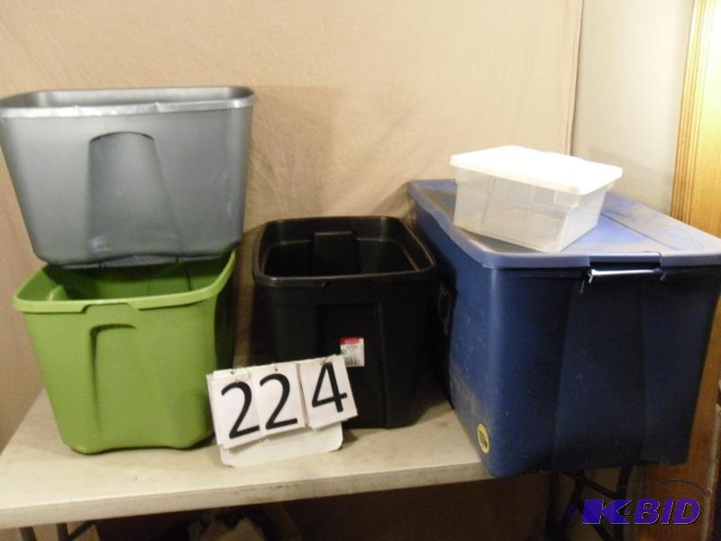 lot 224 image: Lot of 5 Assorted Totes, some with Lids. Larg...