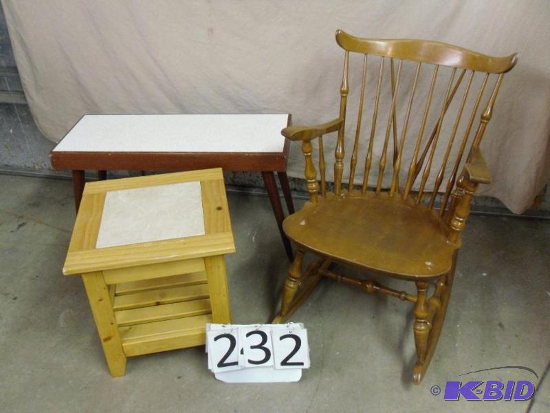 lot 232 image: Wood rocking chair marked Nichols and Stone&n...