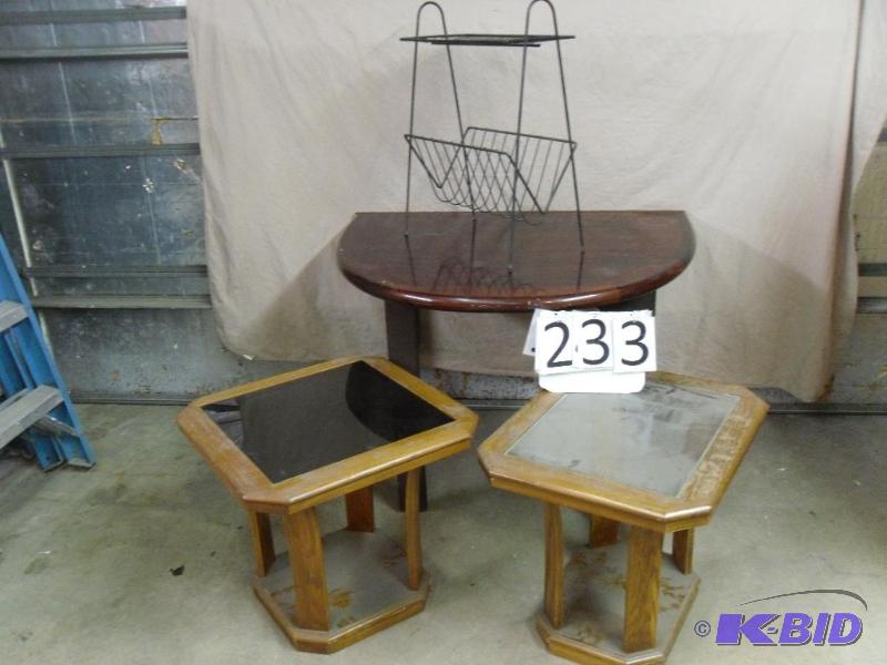 lot 233 image: D shaped table, 2 end tables (one has glass a...