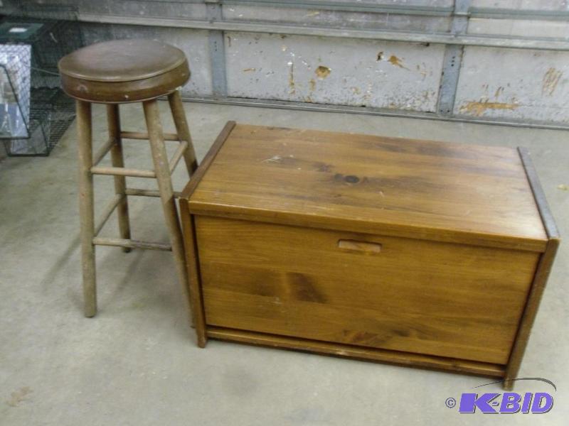 lot 239 image: Wood Bench with Storage and Stool. Scratches,...