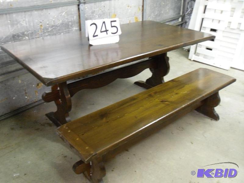 lot 245 image: Wood table and bench. Table is approx. 38&quo...