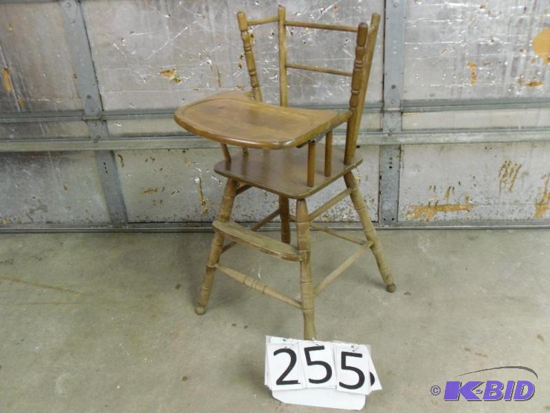 lot 255 image: Neat old wood high chair. Removable tray. No ...