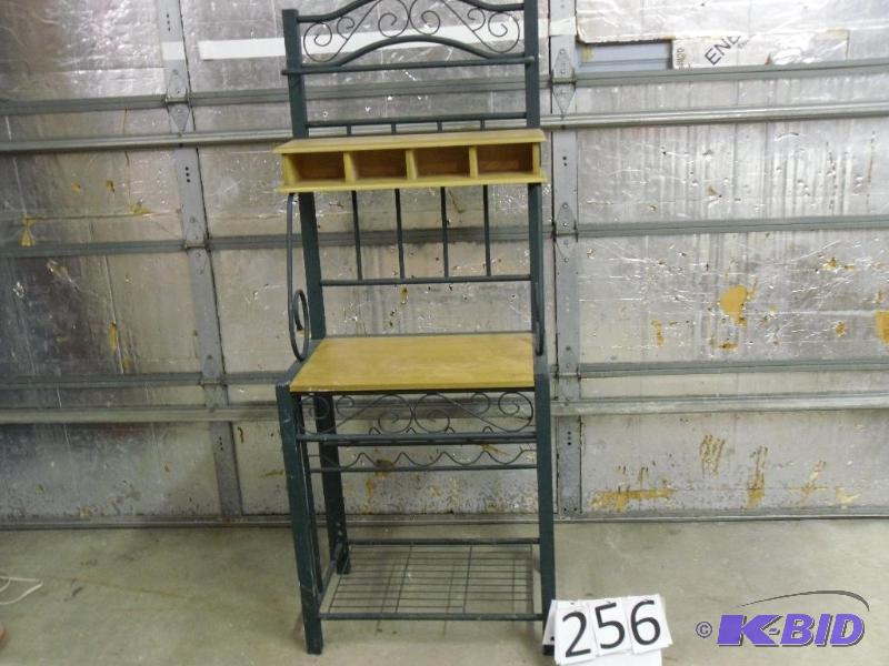 lot 256 image: Metal framed bakers rack with wine storage u...