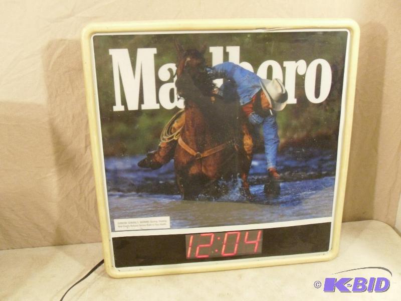 lot 50 image: Marlboro light up sign with digital clock. Cl...