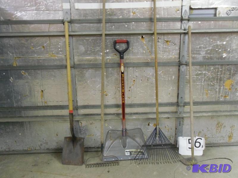 lot 56 image: Long handle tools. Shovels, rakes, hoe. ...