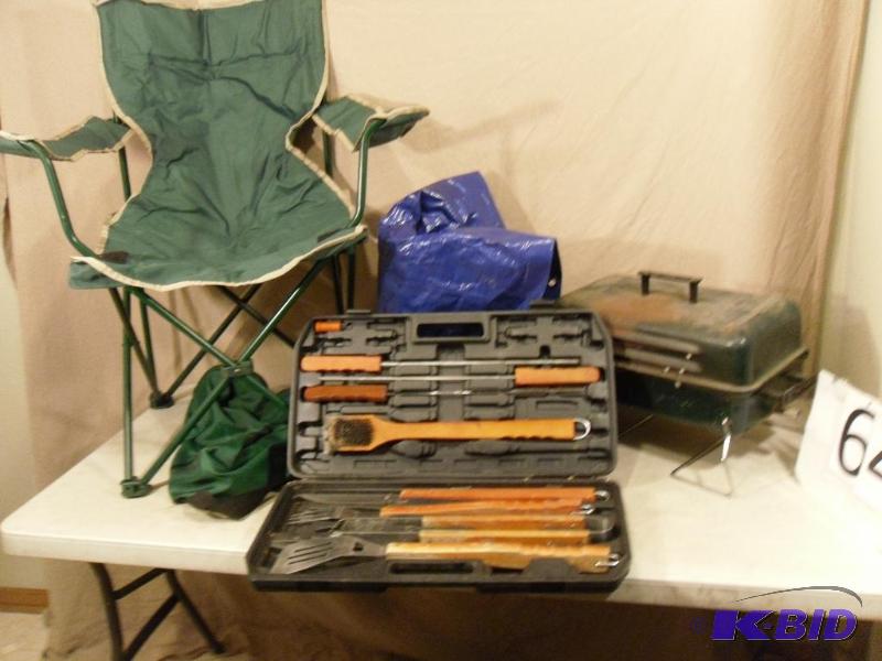 lot 64 image: Grilling utensil set, charcoal grill (needs c...