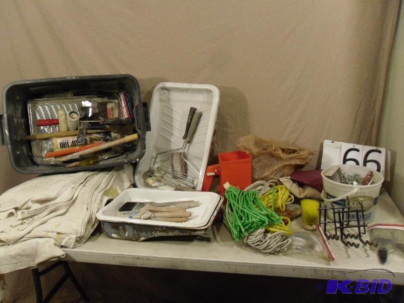 lot 66 image: Large lot of painting supplies, rope, roller ...