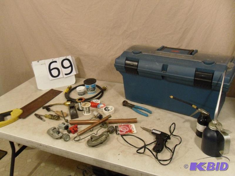 lot 69 image: Toolbox with assorted tools. Plumbing, solder...