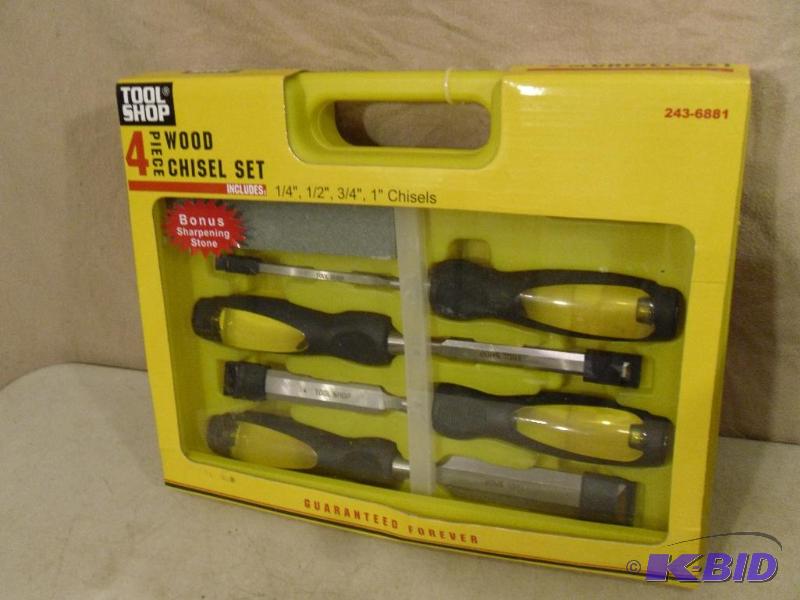 lot 83 image: Tool Shop 4 pc wood chisel set with stone. Br...