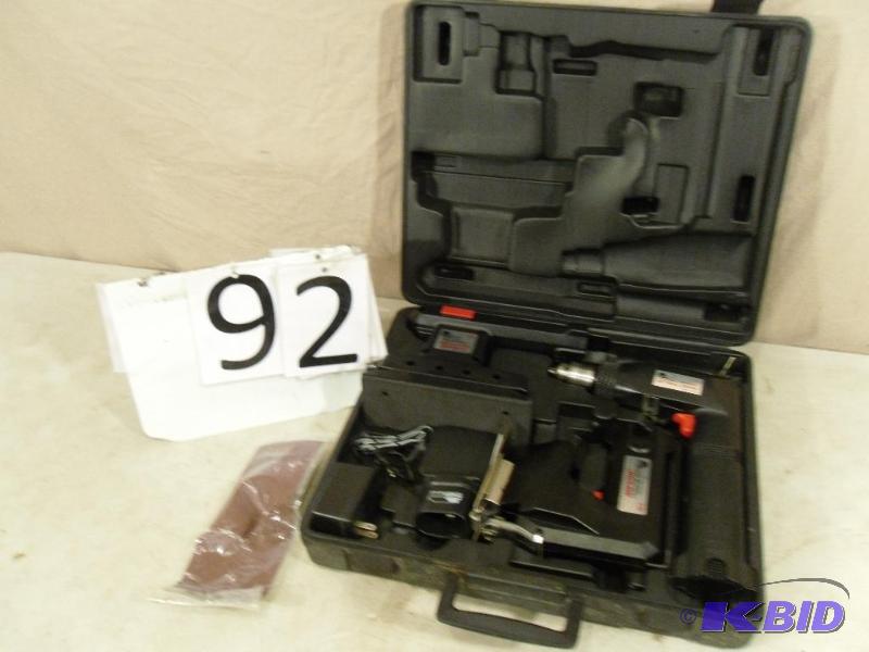 lot 92 image: Cordless tool set. Drill, jigsaw, and sander....