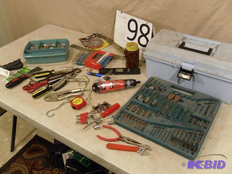 lot 98 image: Assorted hand tools, bit set, new electric sc...