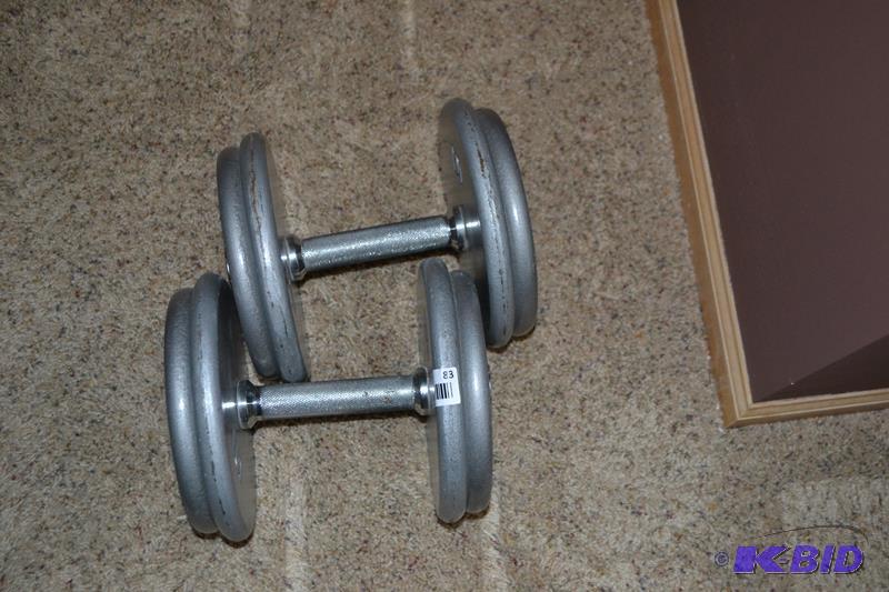 lot 83 image: Dumbell & weights 4 - 7.5# 4 - 10#...