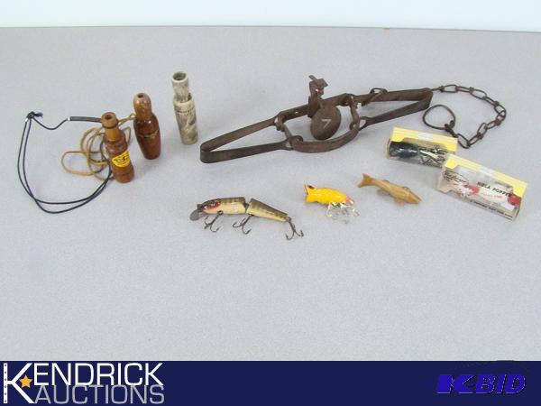Vintage Duck Calls, Animal Trap, and Fishing Lures