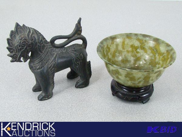 Ancient Black Bronze Foo DogLion, and Small Jade Bowl