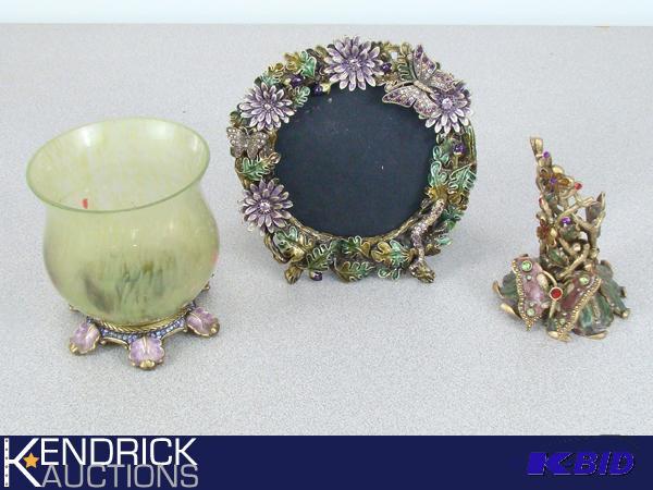 Jay Strongwater Candle Holder, Enameled Metal Picture Frame, and Enameled Metal Candle Holder