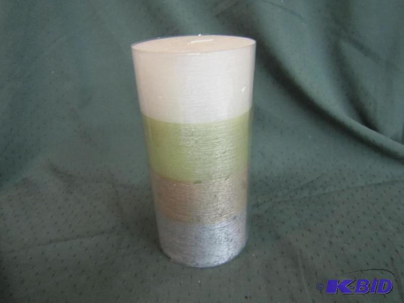 NEW  Candle - White, Green, Tan and Silver