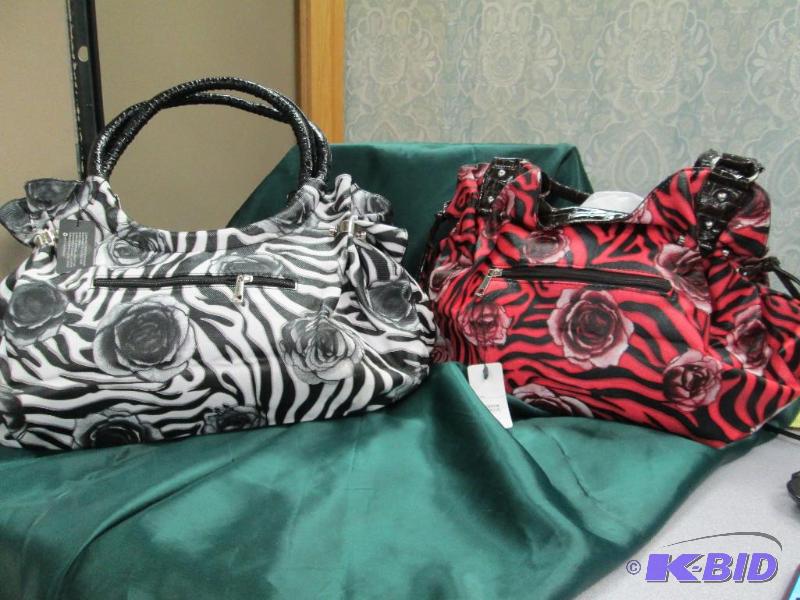 lot 86 image: Qty 2 Purses one is red and black with roses ...
