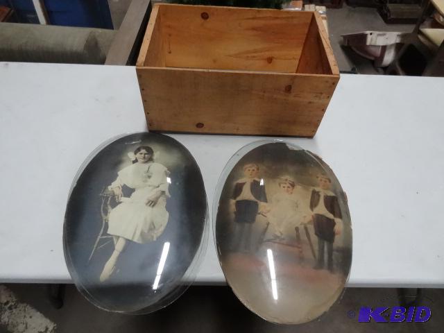 Vintage Wood Box, 2 Vintage Print Pics. Bevel...