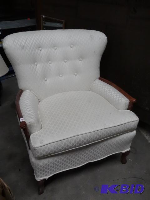 White Fabric Chair with Wood Claw Foot Legs a...