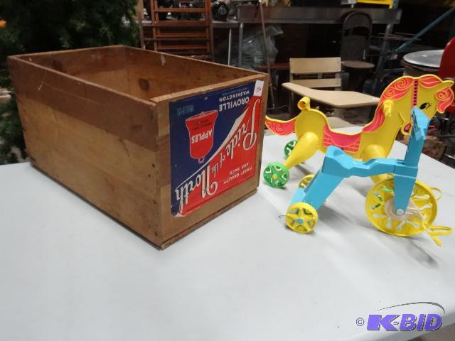 Vintage Wood Crate. Plastic doll Horse and Tr...
