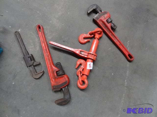 Ratchet Tiedown. 2 Ridgid Pipe Wrenches, Barc...