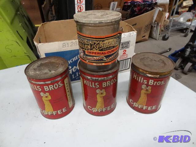 Hills Bros cans. Allen Ginters tobacco jar...