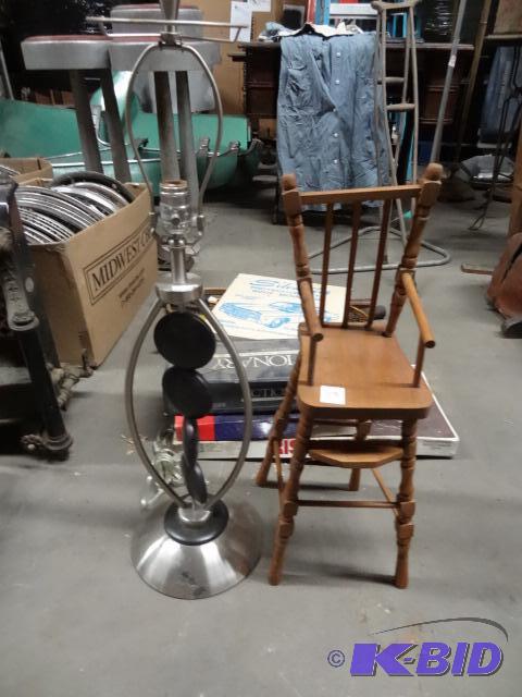 Vintage wood baby doll high chair. Table lamp...