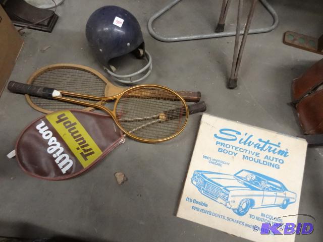 3 tennis rackets. Football helmet. Silvatrim ...
