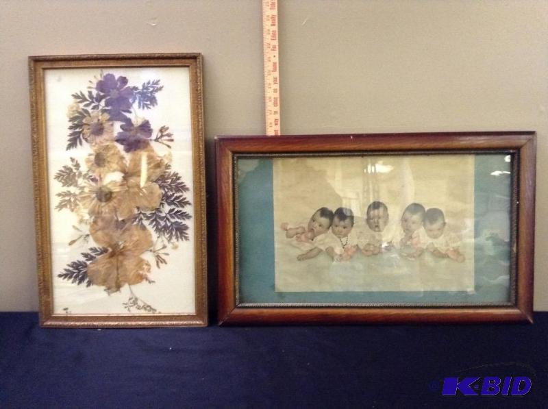 lot 37 image: Lot of two vintage artwork Dionne quints & dried flowers artwork