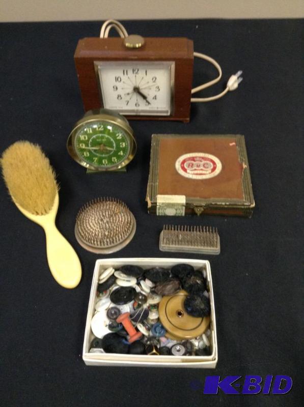 lot 86 image: Lot of vintage clocks, floral frogs, boxes, buttons and hairbrush