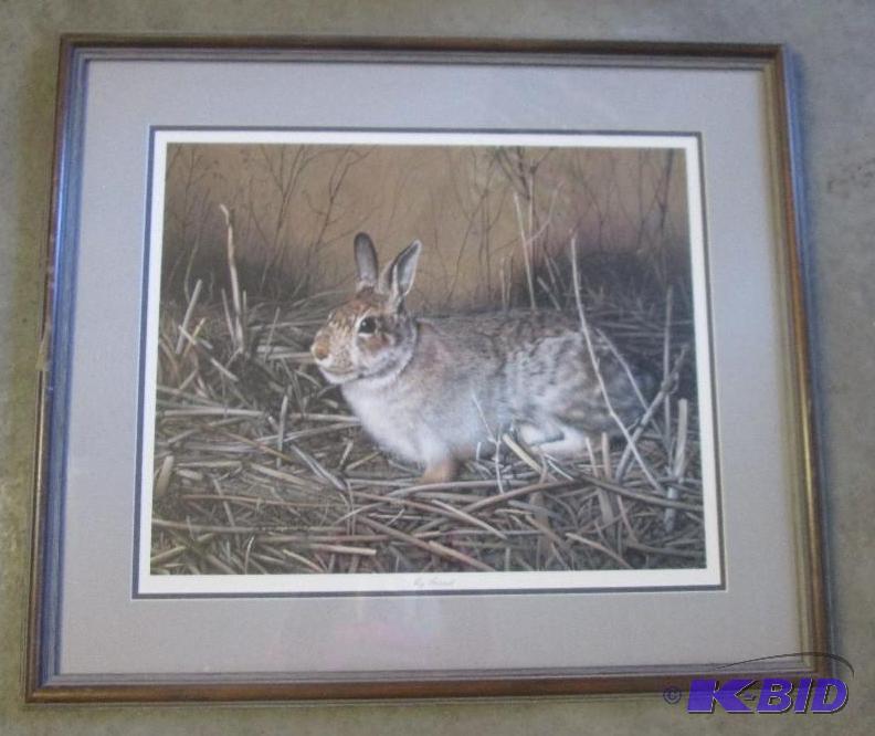 lot 13 image: 25in x 29in wooden framed picture of brown ra...