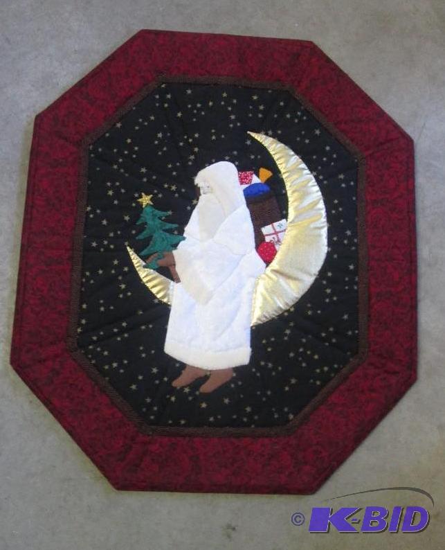 lot 14 image: 27in x 23in fabric picture of moon and figure...