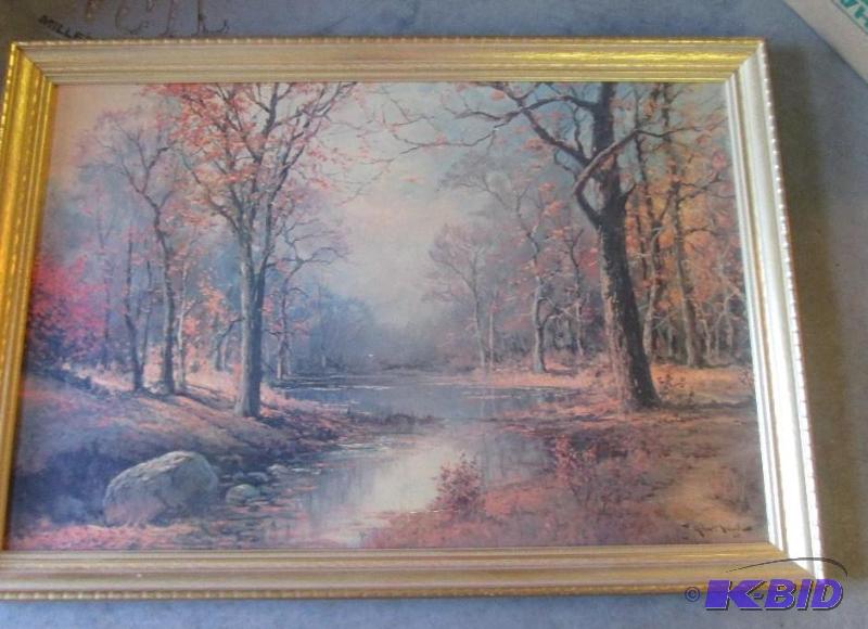 lot 15 image: 28in x 40in gold painted framed picture of fa...