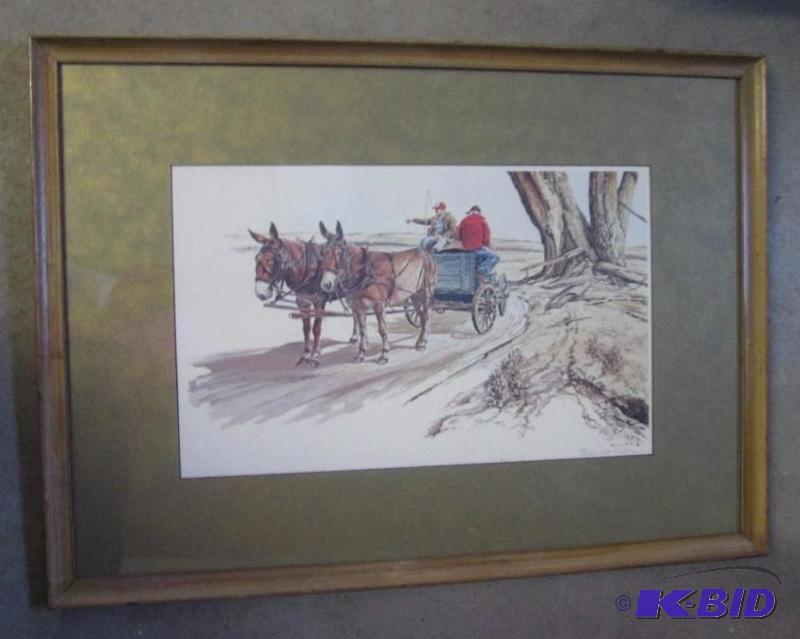 lot 17 image: 22in x 30in wooden framed picture of donkey p...
