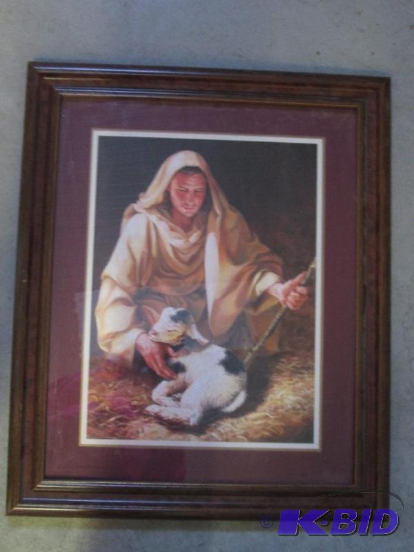 lot 18 image: 23in x 19in red wood framed picture of man an...