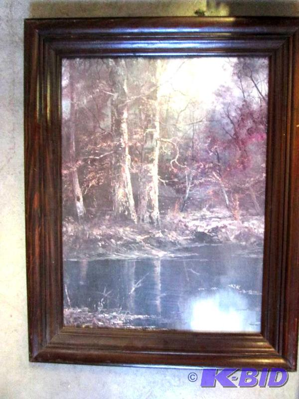 lot 21 image: 29in x 23in wooden framed picture of a forest...